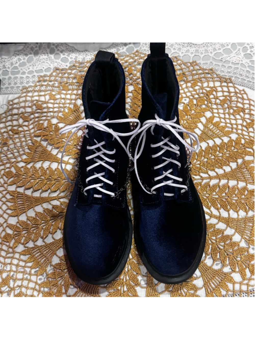 Dr. Martens Velvet Lace Up Boots, Blue Women's Size 9